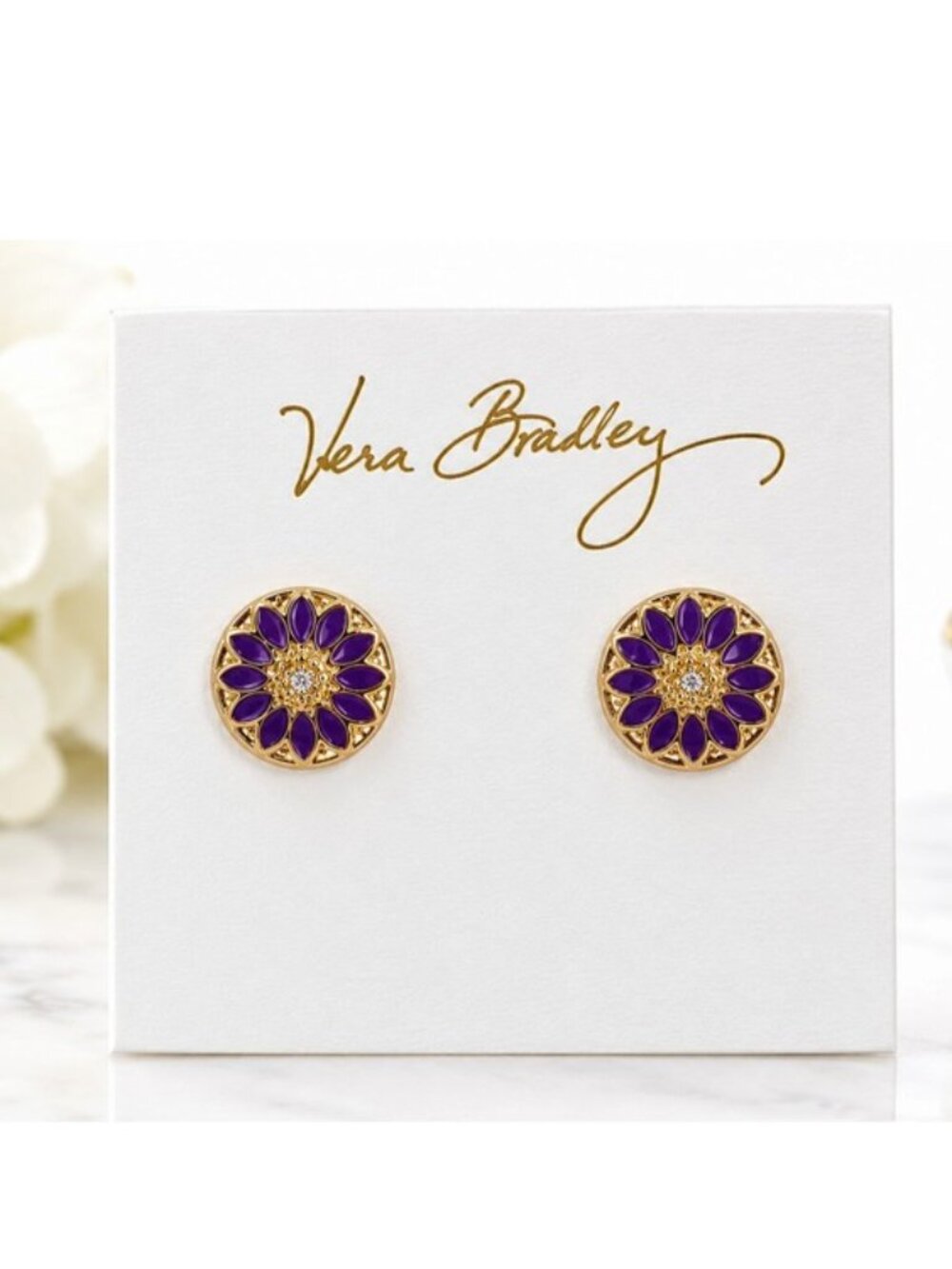 Vera Bradley Gold Plated Purple Enamel Flower Stud Earrings NWT